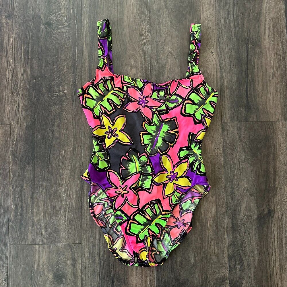 Vintage 80's Beach Lingo Neon Swimsuit High Cut Hip One-Piece Bikini Sz Medium